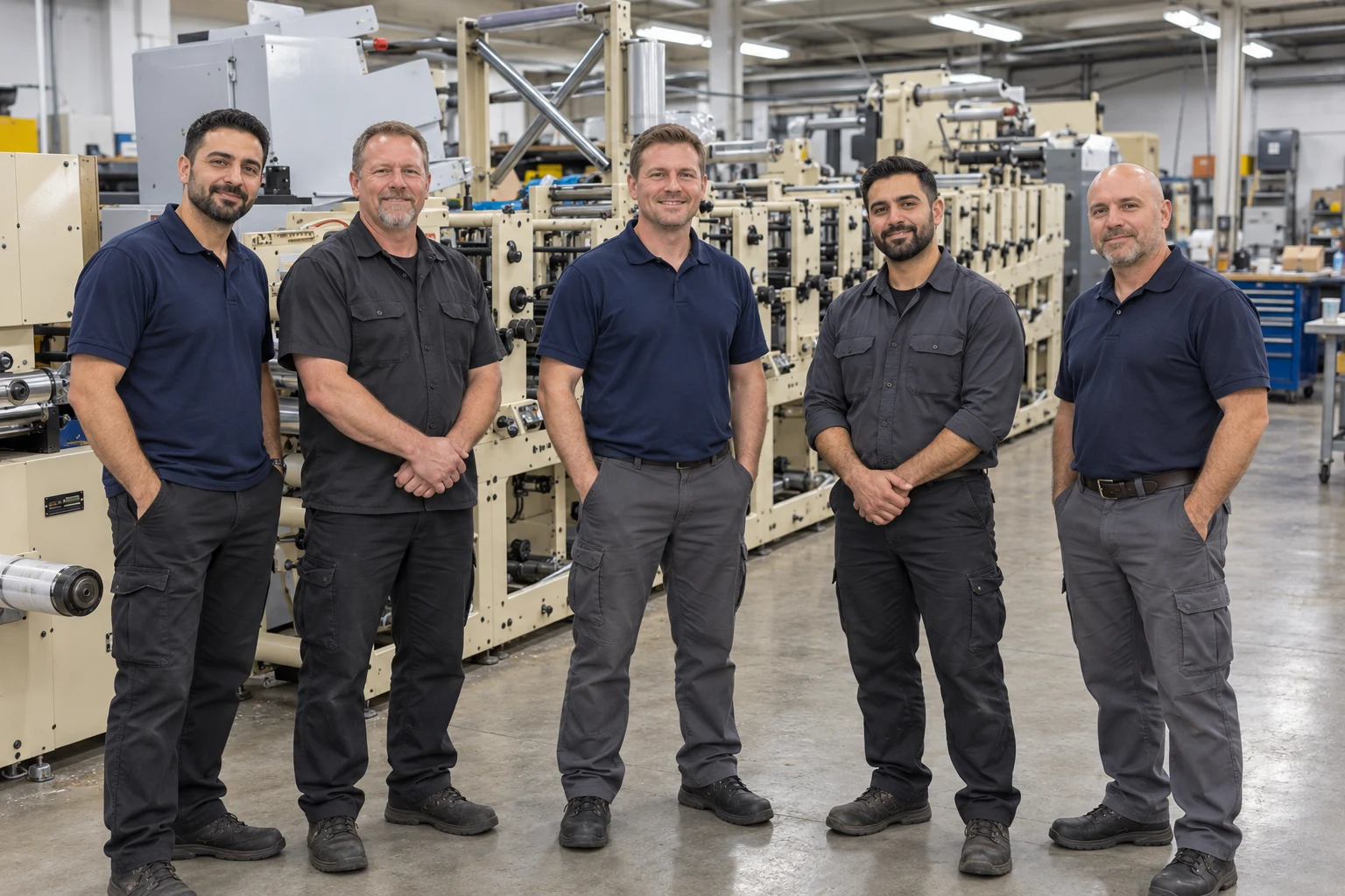 Illustrative portrait of five printing press service technicians